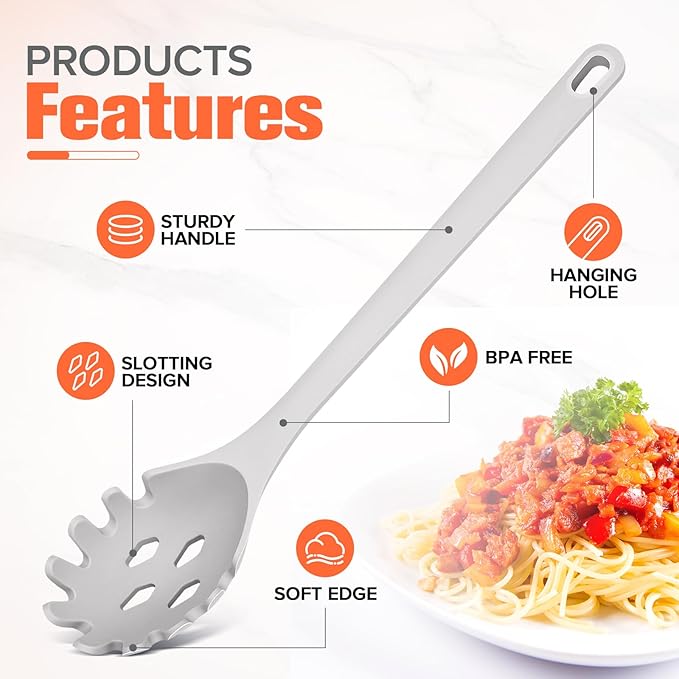 Silicone Spaghetti Spoon&Soup Ladle Cooking Utensils Set of 2,No Scratch for Nonstick Cookware,BPA Free, 450℉ Heat Resistant (GRAY)