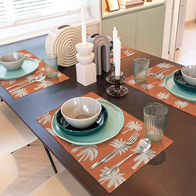 Palm Tree Placemats 12x18 Inch Set of 4, Summer Burnt Orange Table Place Mat Vintage Tropical Washable Table Mats Decorative Linen Fabric Table Mat for Dining Table Decor