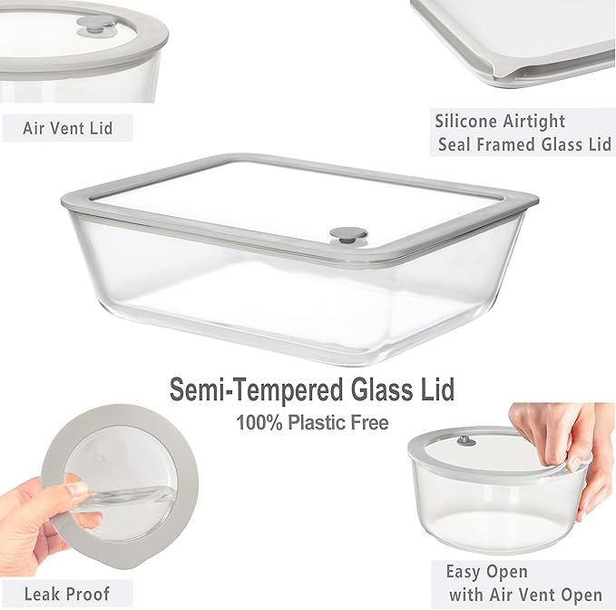 Glass Food Containers with Glass Lid, Microwave Safe Food Storage Container Set, 2 Pack of 48oz, Large Size Meal Prep Storage Set with Airtight Leak Proof Lid.