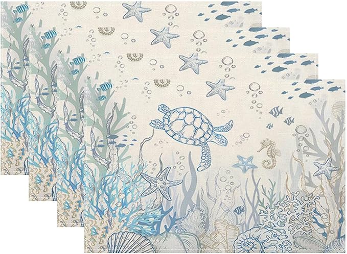 Nautical Coastal Placemats 12x18 Inch Set of 4, Turtle Coral Starfish Seashell Ocean Themed Table Place Mat Beach Coastal Washable Table Mats Decorative Linen Fabric Table Mat for Dining Table