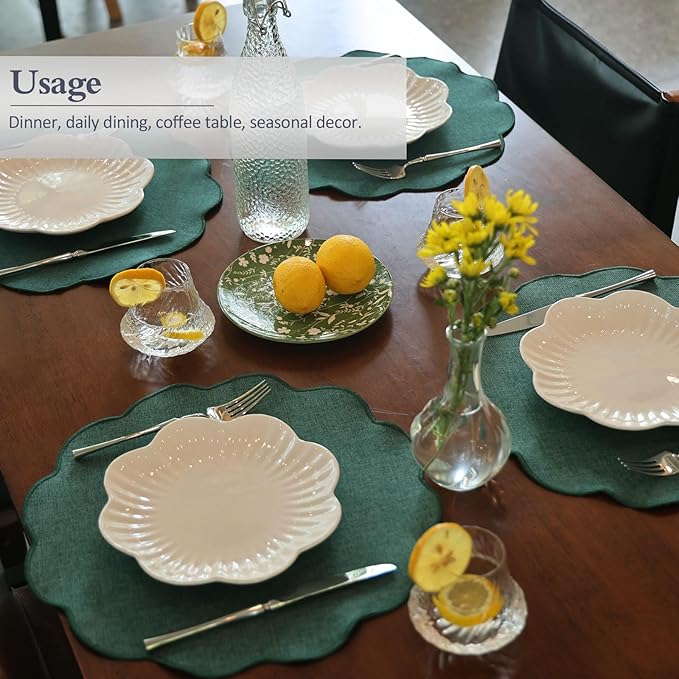 AHHFSMEI Round Faux Linen Placemats Set of 4 Heat Resistant Non-Slip Stain Proof Table Mats for Kitchen Dining Elegant Decor Place Mats (Forest Green,4)