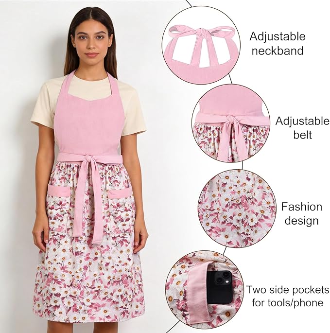 Cute Floral Aprons for Women with Pockets,Cotton Adjustable Neck Strap Apron for Kitchen Cooking Baking Gardening