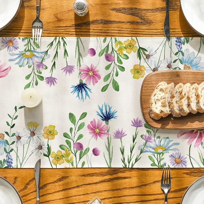Artoid Mode Daisy Eucalyptus Lavender Floral Leaves Summer Table Runner, Spring Kitchen Dining Table Decoration for Home Party Decor 13x90 Inch