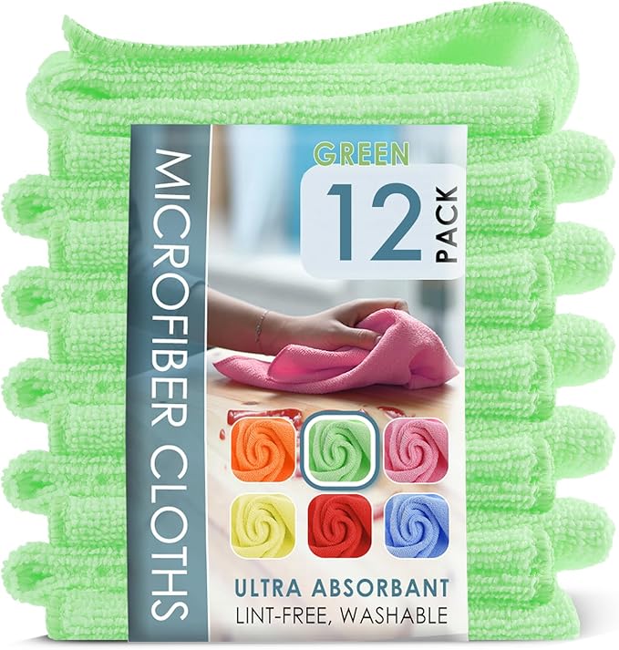 Hearth & Harbor 12 Pack Microfiber Washcloths, Green, 12"x12", Lint Free, Scratch Free, Reusable