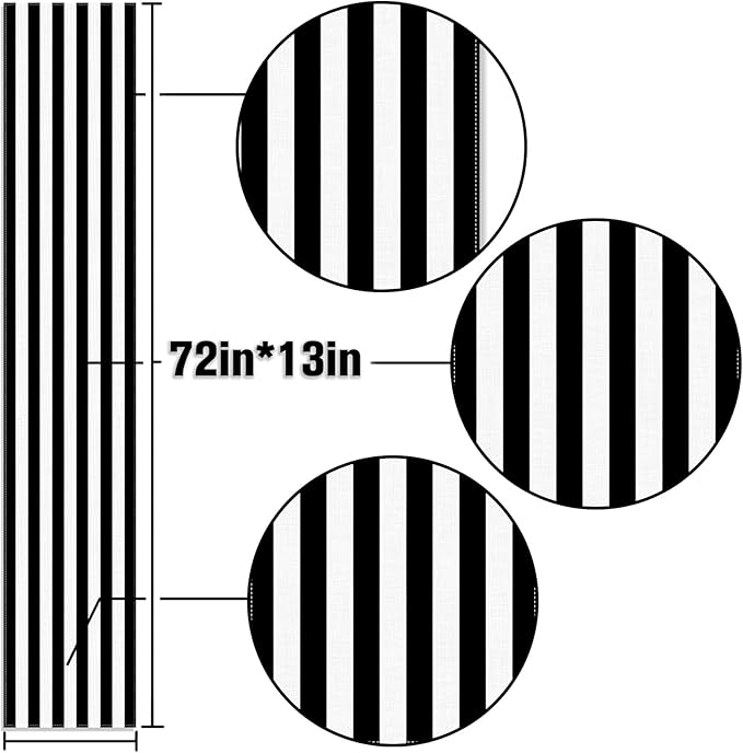 Black and White Cabana Striped Table Runner Birthday Party Decoration Baby Shower Dining Room Home Kitchen Table Decor (Black, 13" x 72")
