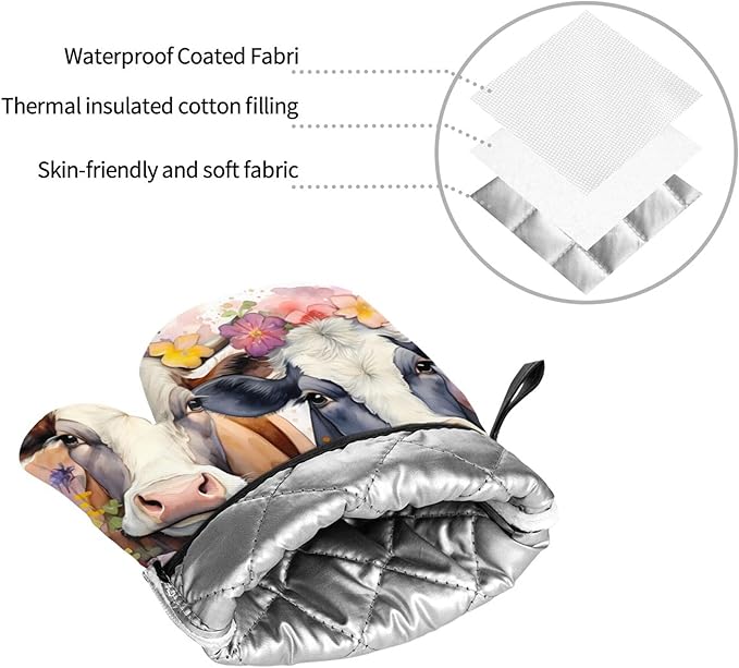 Watercolor Cows Oven Mitts and Pot Holders Sets Daisy Flower Kitchen Oven Gloves Heat Resistant 500 Degrees Oven Mitt and Hot Pad for Cooking BBQ Baking Grilling