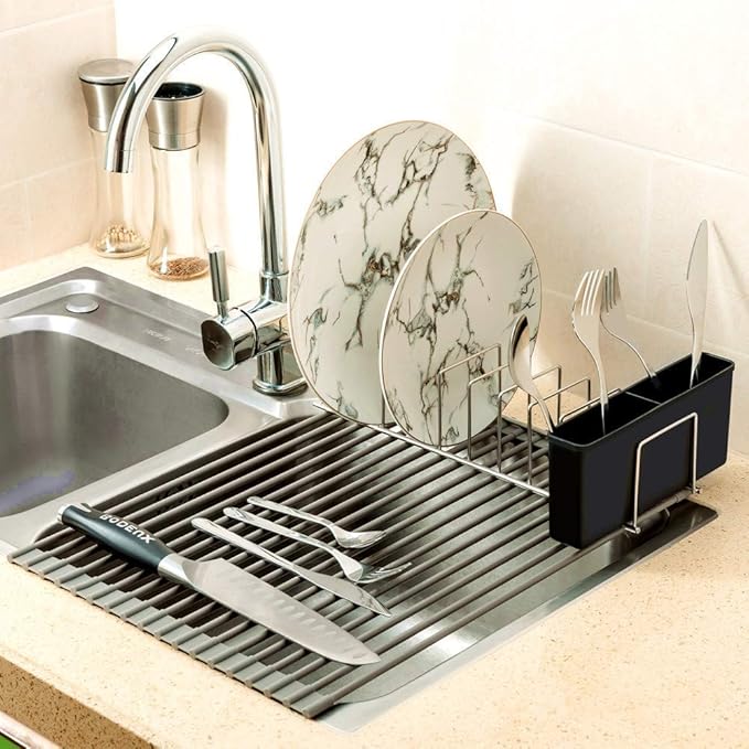 SANNO Flatware Cutlery Holder,Hanging Utensil Holder,Cutlery Drainer Caddy,Spoon and Fork Organizer,2 Compartment Attach to Dish Drying Rack