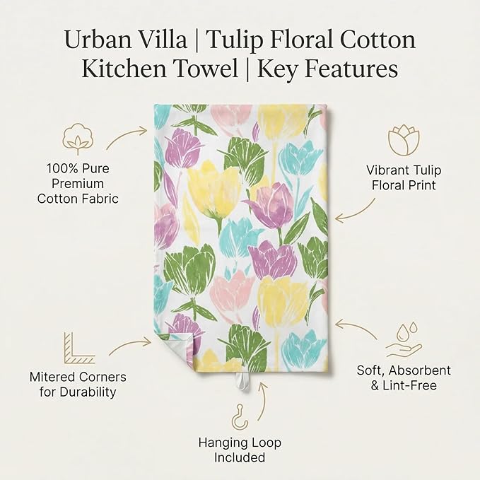 Urban Villa Collection Kitchen Towels Tulip Flowers Multi Color Premium Quality,100% Cotton Dish Towels, Mitered Corners,(Size: 20X30 Inch), Highly Absorbent Bar &Tea Towels - (Set of 6)