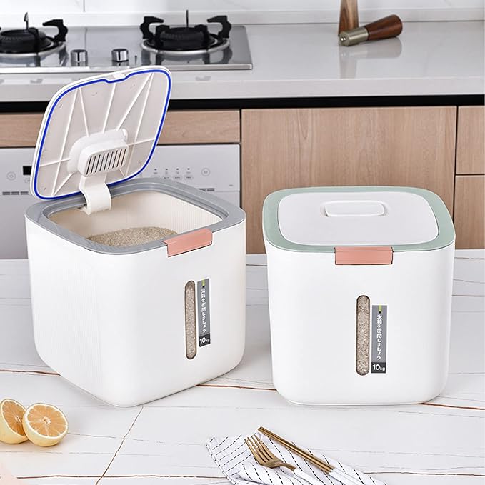 Pssopp Rice Storage Container, 22.lb Food Storage Container with Lid and Measuring Cup, Moistureproof Cereal Grain Storage Box for Beans Grain Flour and Pet Food (Light Green)