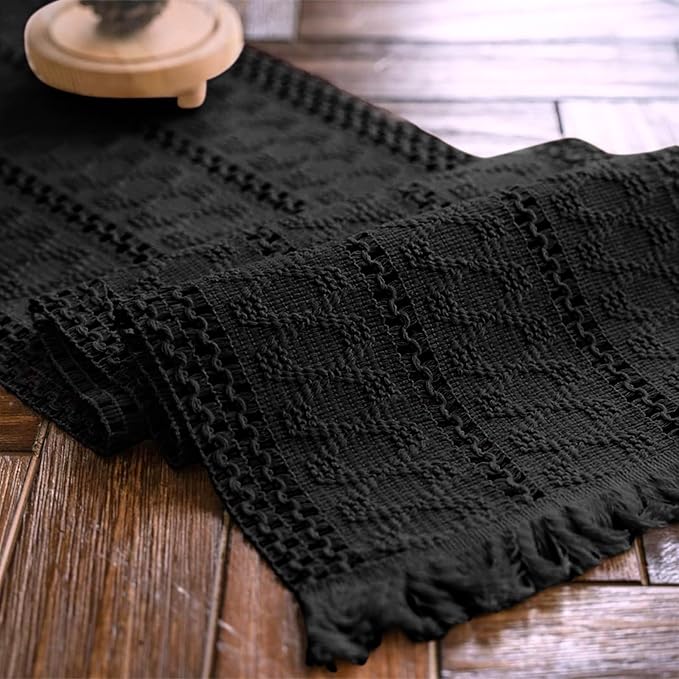 Alynsehom Macrame Table Runner Pure Black Boho Table Runners with Tassels Hand Woven Cotton Table Runner Rustic Farmhouse Table Runners for Bohemian Kitchen Dining Table(12x48in)