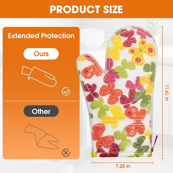 Silicone Oven Mitts Set Heat Resistant 2PCS Kitchen Mittens with Soft Cotton Lining Long Waterproof Non-Slip Oven Gloves for Cooking, BBQ, Baking-Flower