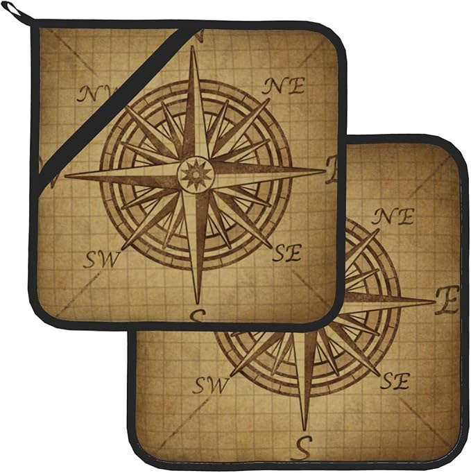 Pot Holders 2PCS Return Compass,Vintage Compass Rose Pot Holder, Art Brown Kitchen for Cooking Baking BBQ Grilling