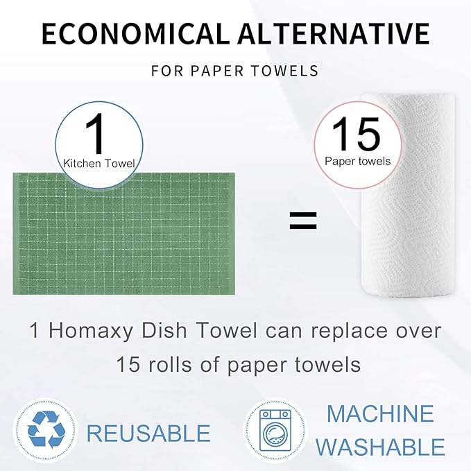 Homaxy 100% Cotton Terry Kitchen Towels(Grass Green, 20 x 28 inches), Checkered Designed, Soft and Super Absorbent Dish Towels, Large 8 Pack