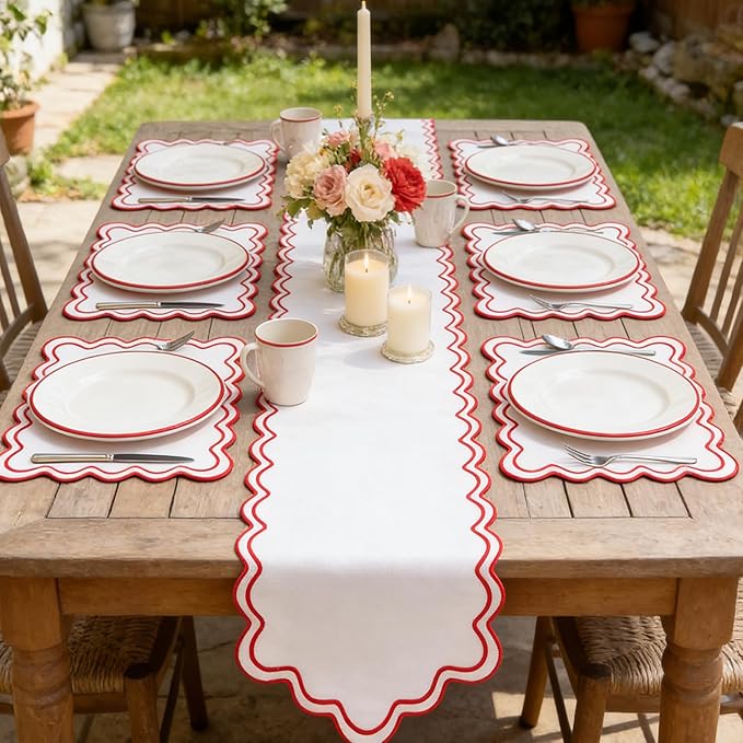 Set of 6 Cotton Linen Placemats, 13''x 19'' Wavy Embroidery Scalloped Placemats Washable Rustic Dinner Waterproof Table Mats (red)