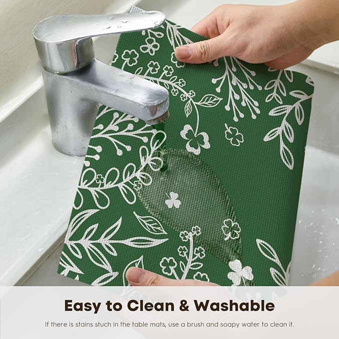 Artoid Mode Dark Green Weed Wild Flower Vinyl Plastic Placemats Set of 4, 12x18 Inch Woven Washable Non-Slip PVC Place Mats for Party Kitchen Dining Decor