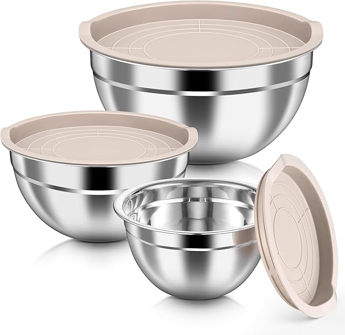 HaWare Mixing Bowls with Airtight Lids, 6-Piece Stainless Steel Salad Bowls, Strong Nesting Bowls for Cooking, Prepping, Baking, Serving & Food Storage, Stackable Design, Size 4.6, 3, 1.5QT, Khaki