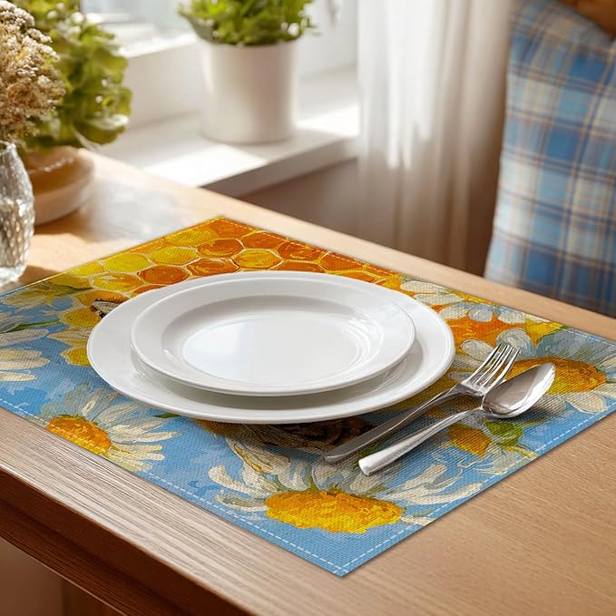 HOMETITUTE Placemats Set of 4 12x18 inch Spring Table Mats for Dining Table Honeycomb Bee Linen Placemats Farmhouse Decorations Kitchen Decor Desk Mat for Outdoor Home Party Kitchen Seasonal Dining