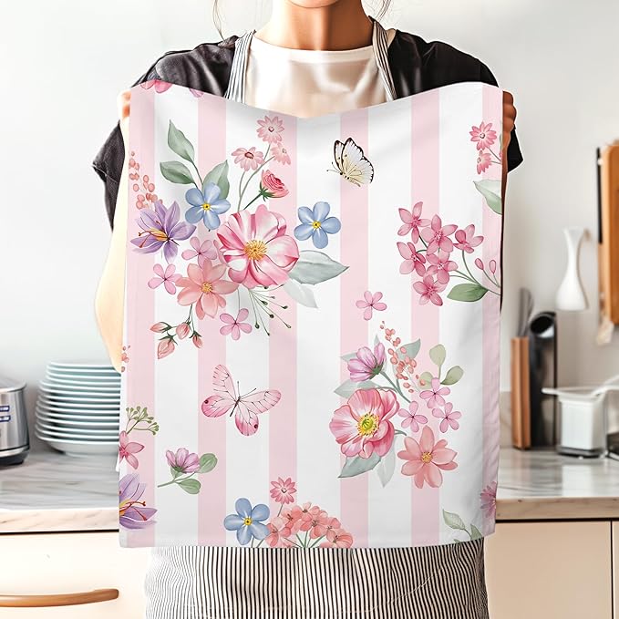 Pink Floral Tea Towels 100% Cotton Quick Dry Wildflower Kitchen Towels, 18.9 x 27.5'' Absorbent Dish Cloth for Kitchen Home Decor, Housewarming, Birthday Gifts for Mom, Set of 4