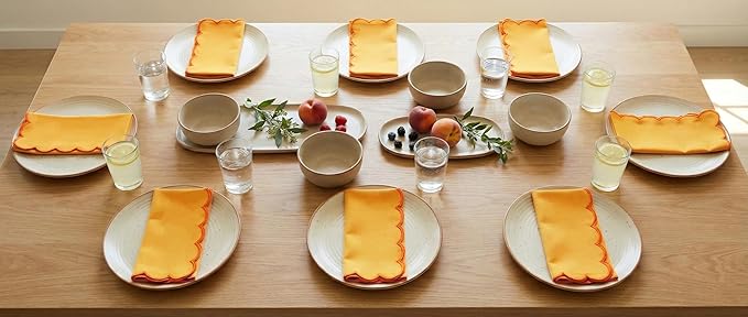 PurpleEssences Scalloped Embroidery Cloth Napkins - Spring Easter Summer - Table Decor - 100% Cotton - Set of 4-18x18 inch - Golden Yellow - Edges - Orange