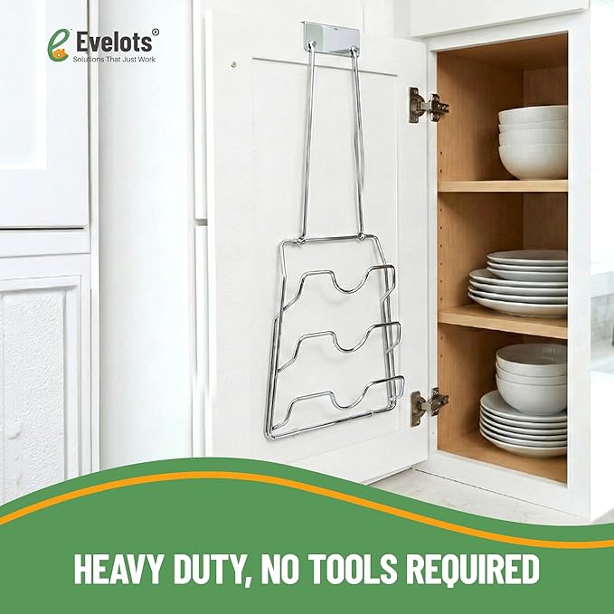 Evelots 2-in-1 Pot Lid Organizer with Towel Holder - 2 Pack, 3-Tier Cabinet Door Rack - Space-Saving Kitchen Organizer for Glass or Metal Pan Lids & Towels - Over the Door Design - Chrome