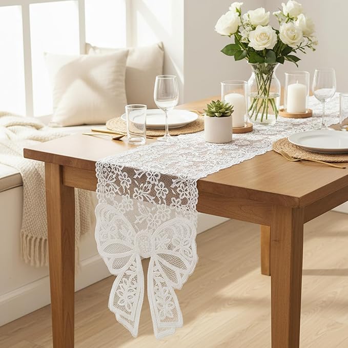 White Lace Table Runner with Big Bow Ends 12 x 71 Inch Vintage Rectangle Macrame Embroidered Runner French Style Tablecloth for Wedding Kitchen Dining Table Home Decor