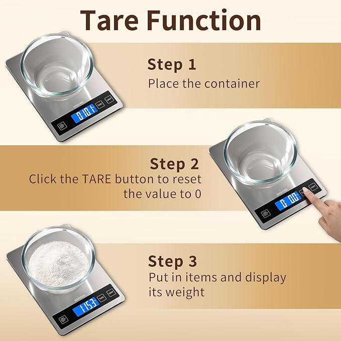 Food Scale, 15kg/33lb Digital Kitchen Scale with Stainless Steel & Tempered Glass, 1g/0.05oz Precise Weighing, Splash-Resistant and Sturdy Surface, for Cooking, Baking, Weight Loss, Meal Prep