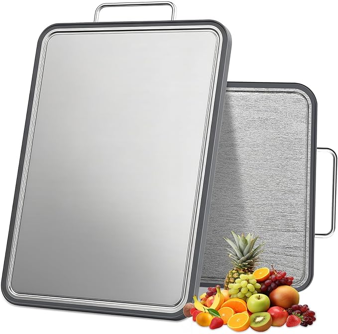 Stainless Steel Cutting Board for Kitchen, 17" x 11" Large Heavy Duty Chopping Board with Juice Grooves, Double Sided Defrosting Tray, Non-Slip Rust Resistant, Dishwasher Safe