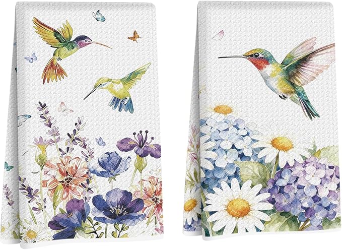 Lovdazzles 2 Pcs Hummingbird Waffle Tea Towels, Soft Absorbent Microfiber Decorative Floral Hand Towels for Kitchen Bathroom, Hummingbird Gifts for Women Spring Party Holiday Supplies