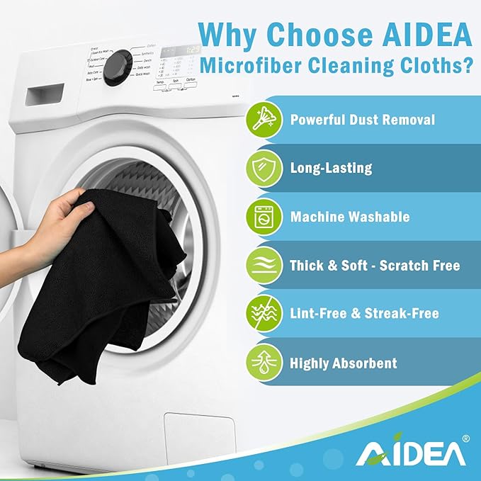 AIDEA Microfiber Cleaning Cloth-24PK, Soft Microfiber Towels for Cars, Absorbent Cleaning Rags, Lint-Free Streak-Free Wash Cloths for House, Kitchen, Window(12in.x12in), Black
