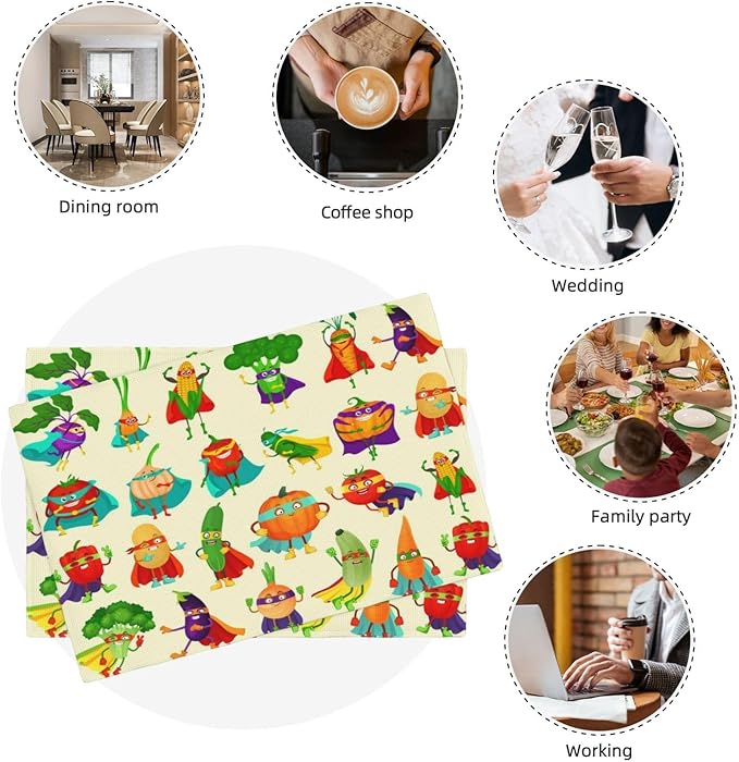 Vibrant Superhero Vegetable Linen Placemats Set of 4, Heat Resistant Non Slip Cute Place Mats for Dining Table, Kitchen, Kids’ Party, Family Gathering, Whimsical Home Decor, Gift for Children Parents