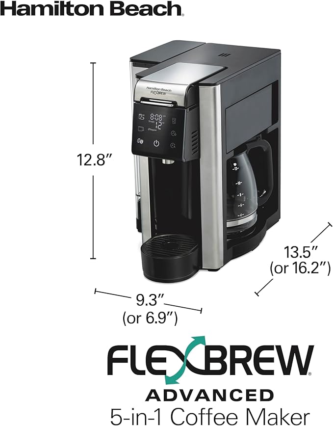 Hamilton Beach FlexBrew Advanced 5-in-1 Programmable 12 Cup Drip and Single Serve Hot & Iced Coffee Maker with Movable 60 oz. Water Reservoir, Use Pod Packs and Grounds, Fast Brewing, Black (49924)