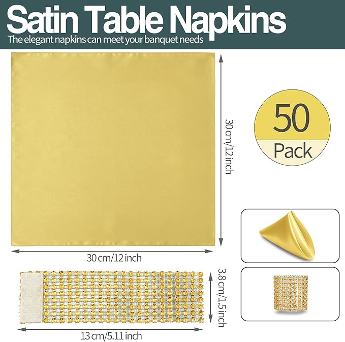 100 Pack Gold Satin Napkins and Napkin Rings Set, 12 x 12 Inch Silky Soft Cloth Napkins Set of 50, Square Satin Dinner Table Napkins Bulk for Wedding Banquet Graduation Party Decoration