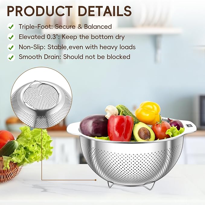 GOLDEN KEY 3Pcs Stainless Steel Colander Set for Kitchen - 3QT/4QT/5QT, Multi-Size Strainer for Draining Pasta, Washing Vegetables, Straining Hot Foods & Grease, Nesting Storage, Dishwasher Safe