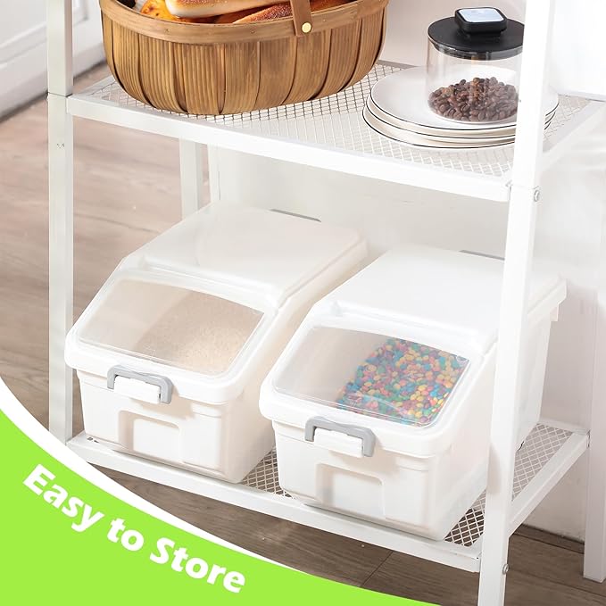 Sunnyray 4 Pcs Rice Storage Containers Bulk Flour Sugar Container Wheels Measuring Cups Set Airtight Pet Dog Cat Birds Food Bin Grain Cereal Organizer Box for Dry Baking(White,22 lb)