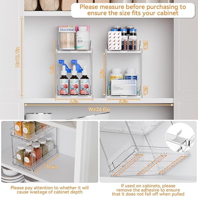 Yieach 2 Pack 2 Tier Vertical Spice Rack Pull Out,10.4'' Deep Narrow Slide Out Spice Rack Organizer for Inside Cabinets,Kitchen,Pantry,Cupboard Seasoning,Can,Jar Organizer and Medicine Cabinet Storage