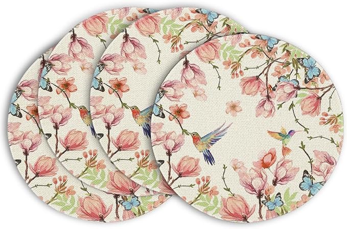 Artoid Mode Flowers Bird Butterfly Spring Round Placemats Set of 4, 14 Inch Summer Round Table Mats for Dining Decoration