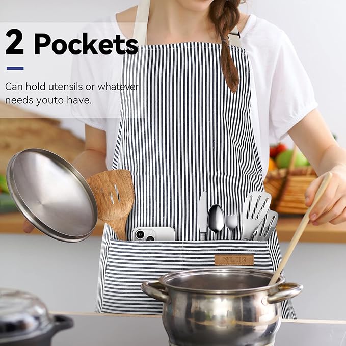 NLUS 2 Pack Cooking Aprons for Women with Pockets, Adjustable Kitchen Bib Aprons Chef Aprons for Women Men(Blue Pinstripes)