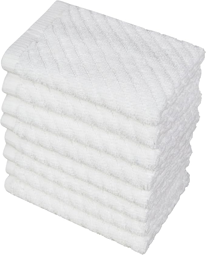 Bumble Towels Premium Kitchen Dish Cloths (12" x 12") | 8 Pack | Diagonal Deluxe Dish Cloth | High Absorbent Tea Towels Set | White