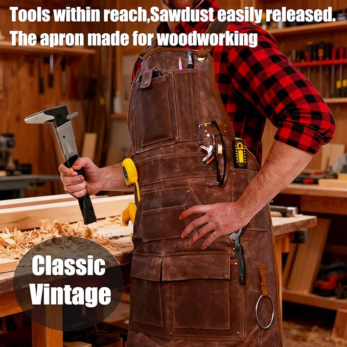 20-Pocket Heavy-Duty Waxed Canvas Work Apron – Fully Adjustable, Vintage Style Tool Organizer