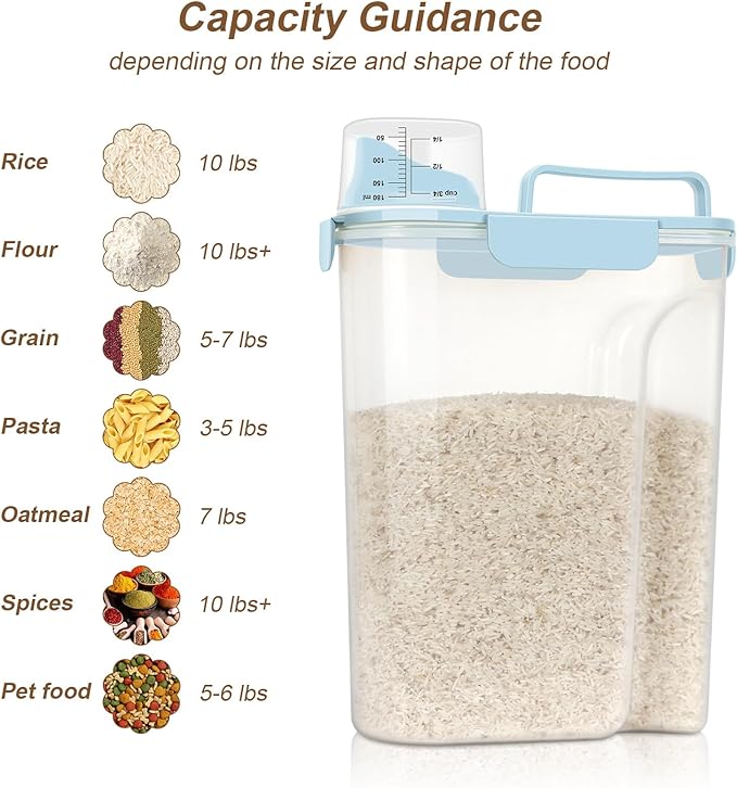 LEAWALK 3+6Qt Rice Storage Container Upgraded Large Nozzle BPA-free, With 4 Sealed Clasps, 1 Measuring Cup and Handle for Snacks, Rice, Grains, Flour, Sugar, Pet Food, Etc-Elegant Blue 2Pack