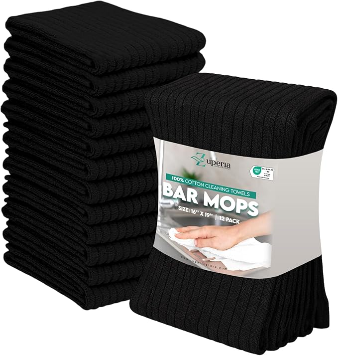 ZUPERIA Bar Mop Kitchen Towels - Pack of 12 (16"x19”) 100% Ring Spun Cotton - Dish Washcloths For Superb Cleaning and Less Lint - Highly Absorbent Dish Cloths and Dish Towels For Everyday use (Black)