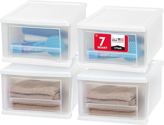 IRIS USA 7 Qt. Small Plastic Stacking Drawer, Stackable Storage Organizer Unit with Sliding Drawer for Bedroom Kitchen Under Sink Pantry Craft Room Dorm Office, White, 4-Pack