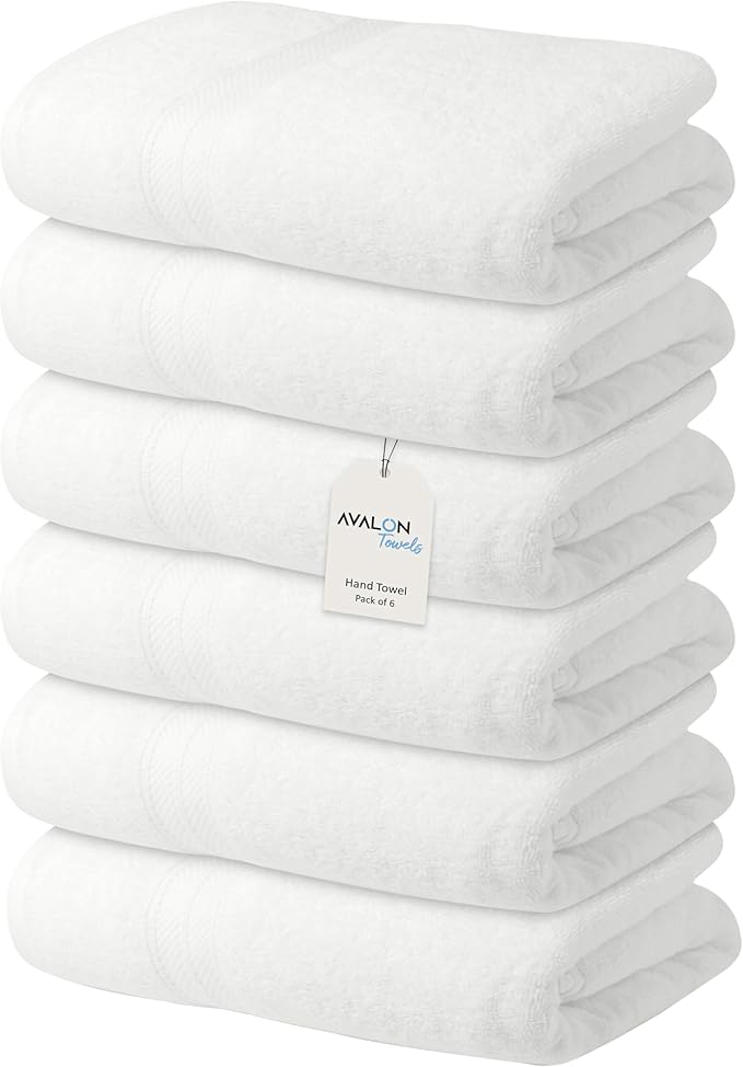 Avalon Towels Luxury Hand Towels (Pack of 6) Size 16x28 Inches - Premium Cotton, Soft and Highly Absorbent Hand Towels for Bathroom, 600 GSM Face Towels, Hotel & Spa Quality, Quick Dry (White)