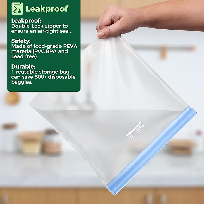 SPLF 10 Pack Stand-Up Reusable Quart Freezer Bags Dishwasher Safe, Extra Thick Leakproof 1 Quart Food Storage Bags, BPA Free Bags for Meal Prep, Sandwich, Snack, Fridge Organization