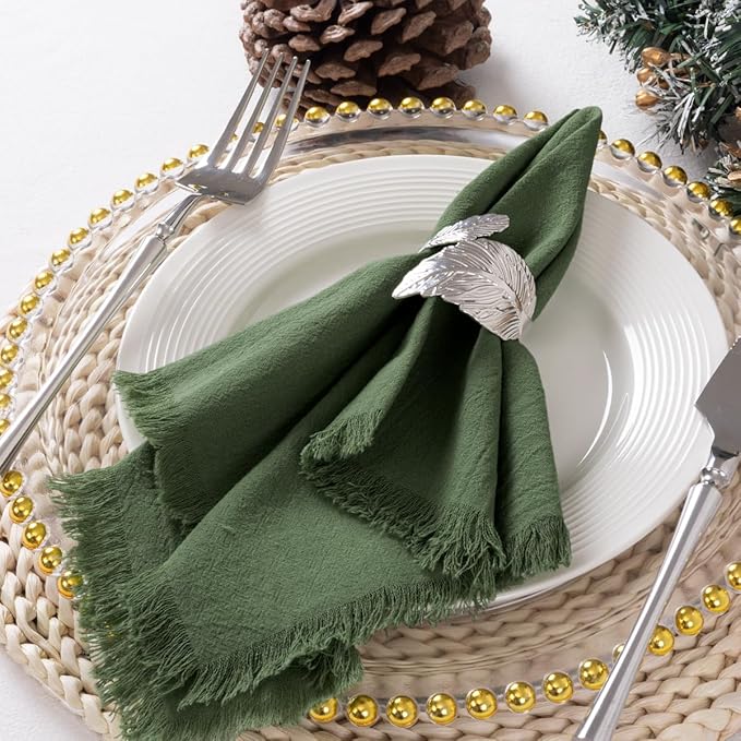 DeZerlor 6 Pack Olive Green Cotton Linen Napkins with Fringe Green Cloth Napkins Set of 6 Boho Handmade Dinner Table Napkins for Wedding Bridal Baby Shower Tea Party, 17 x 17 Inches