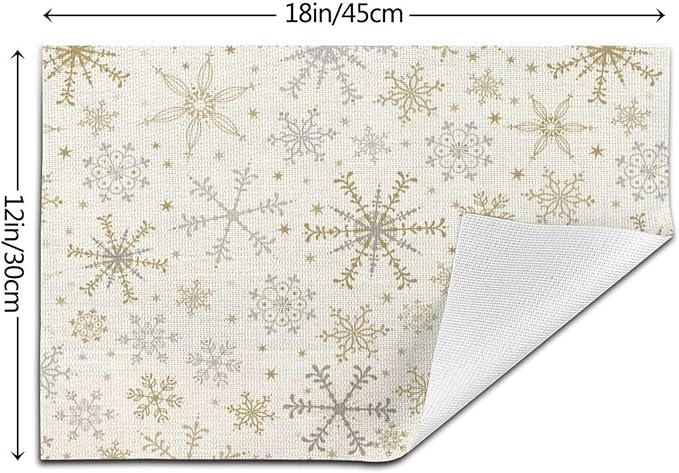 Christmas Place mats Set of 4, 12x18 Inches Gold Gray Snowflake Decorative Placemats Rectangle Winter Table Mats for Party Home Kitchen Dining Table Decoration