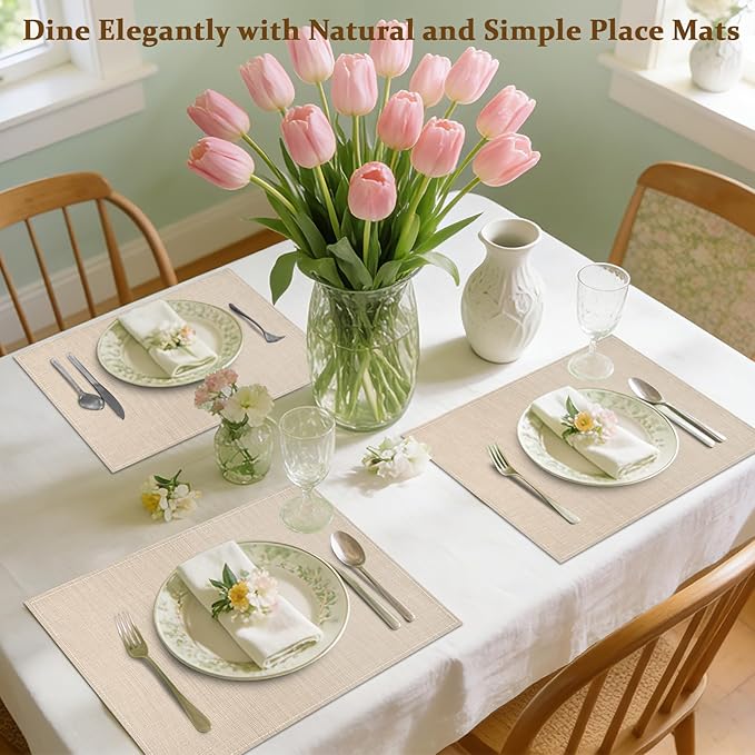 Bloss Beige Placemats Set of 6-12x18 Inch Table Mats Washable Heat-Resistant Place Mats for Dining Table, Easy to Clean Seasonal Place Mats for Holiday Party Kitchen Dining Table Decoration