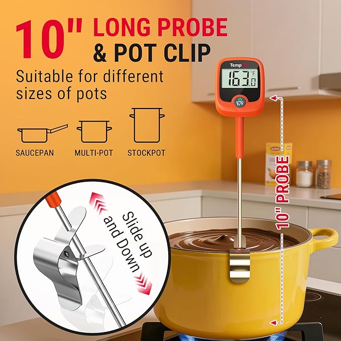 TempPro TP509 Candy Thermometer with Pot Clip, 10" Long Probe Instant Read Meat Food Thermometer with LCD, Cooking Oil Deep Frying Thermometer for Candy Syrup Sugar Brewing (Previously ThermoPro)