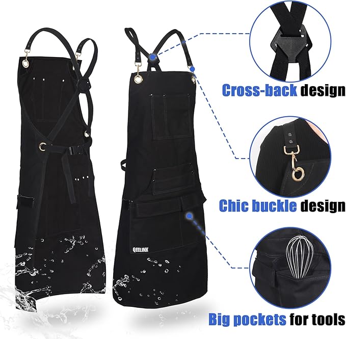 QeeLink Professional Grade Chef Apron for Kitchen, BBQ and Grill with 10 Tool Pockets - Water Resistant Canvas Apron with Quick Release Buckle, Adjustable M to XXXL for Men & Women, Black