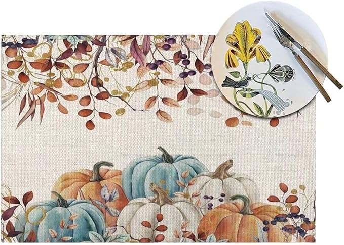 Fall Harvest Placemats 12x18 Inch Set of 4, Thanksgiving Pumpkin Table Place Mat Autumn Maple Leaves Washable Table Mats Decorative Linen Fabric Table Mat for Dining Table